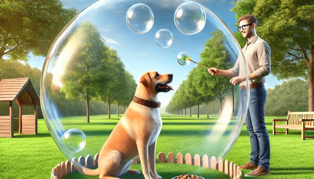 a man and a dog in a bubble