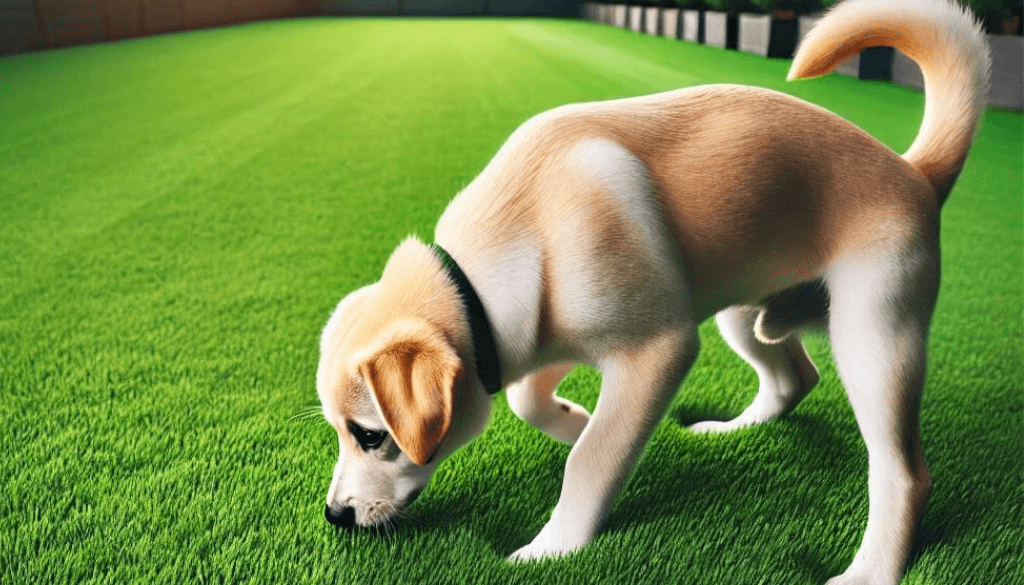 a dog on a floor of a green tray with grass