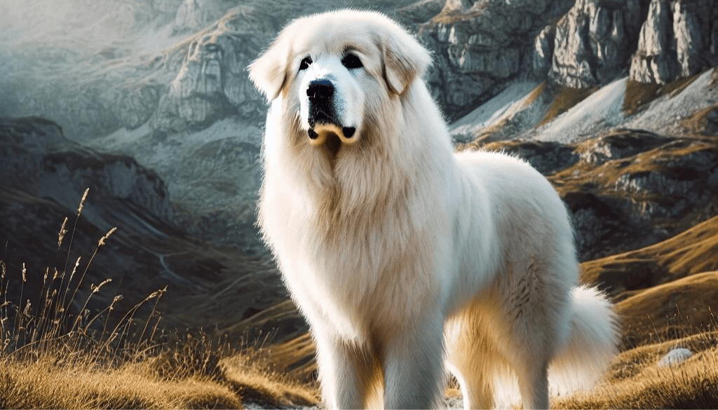 A majestic Great Pyrenees dog standing on a mountain path, its thick white fur shining in the sunlight. The background includes rugged mountain