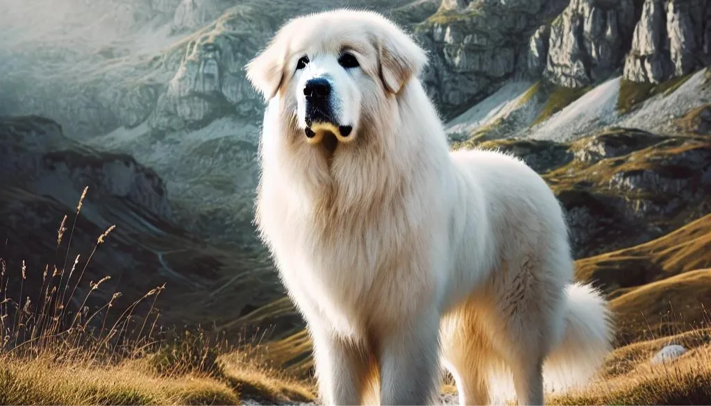 A majestic Great Pyrenees dog standing on a mountain path, its thick white fur shining in the sunlight. The background includes rugged mountain
