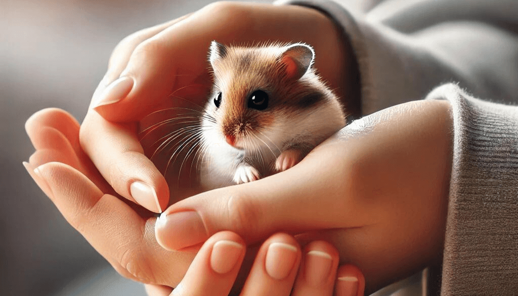 A dwarf hamster being held gently in a person's hand.
