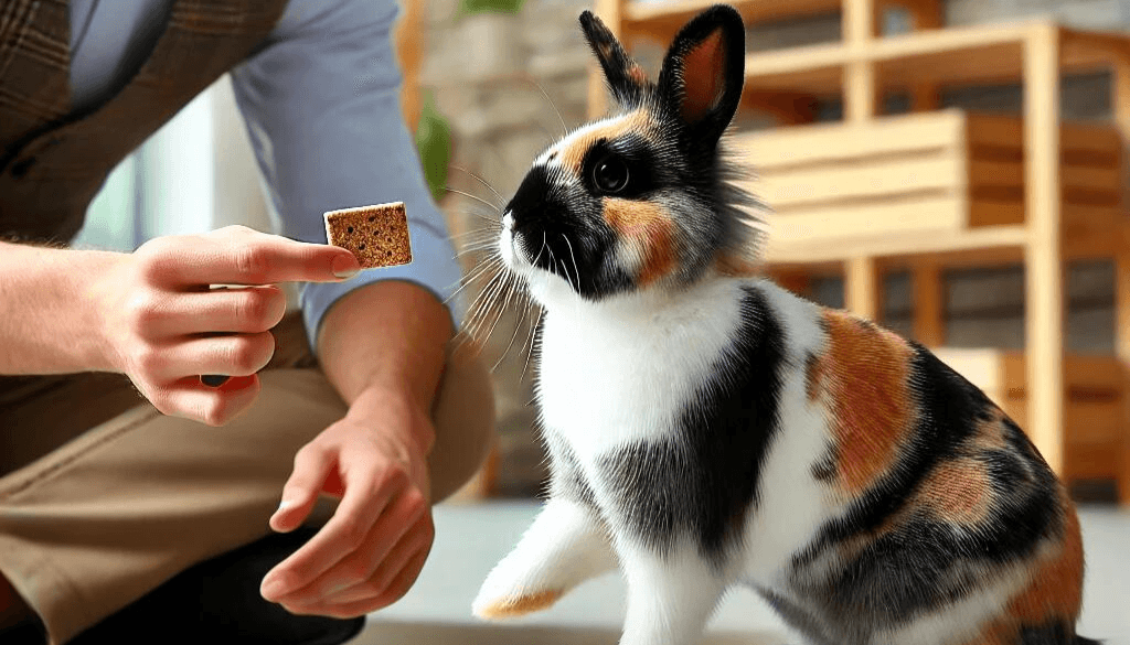 An image of a person training a Harlequin Rabbit in an indoor space.
