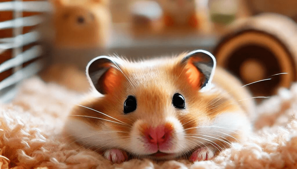 A curious Syrian hamster lying flat in its cage, appearing relaxed and comfortable