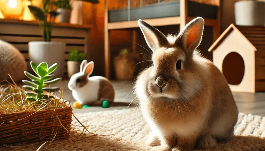 An indoor rabbit in a cozy living room setting.