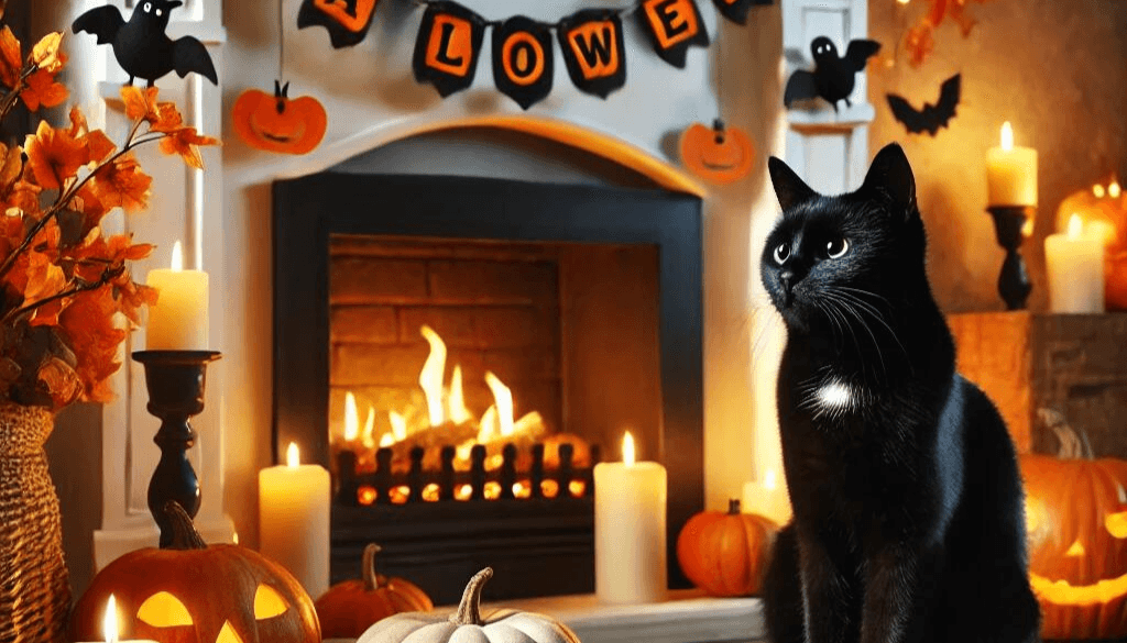 A cozy indoor scene with a black cat sitting beside a Halloween-themed fireplace decorated with pumpkins, candles, and autumn leaves.