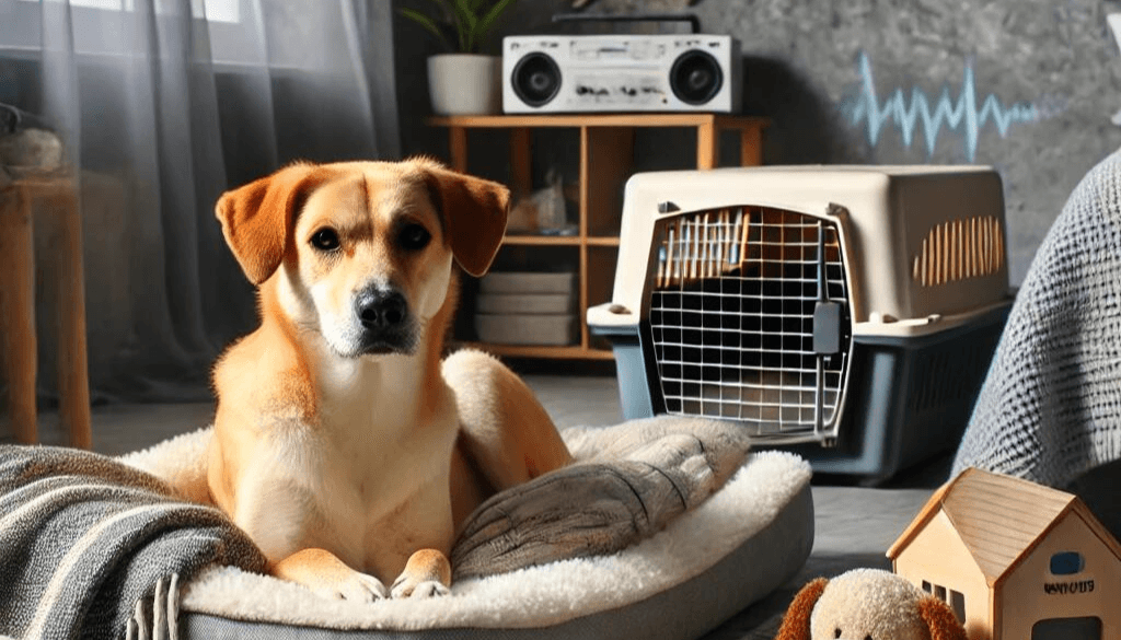 A calm dog in a cozy, peaceful home setting