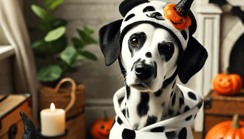 A realistic image of a dog dressed in a Dalmatian costume, featuring black spots on a white fabric. The dog is sitting next to a Halloween decoration