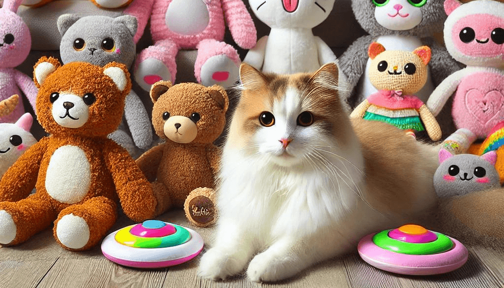 Cat Plushies: The best in 2024 2 A CAT WITH PLUSHIES AROUND HER