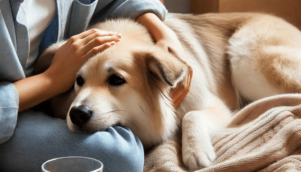 How to Treat Dog Diarrhea: Quick Tips for Pet Owners 2 An image of a concerned dog owner comforting their dog, who appears to be feeling unwell
