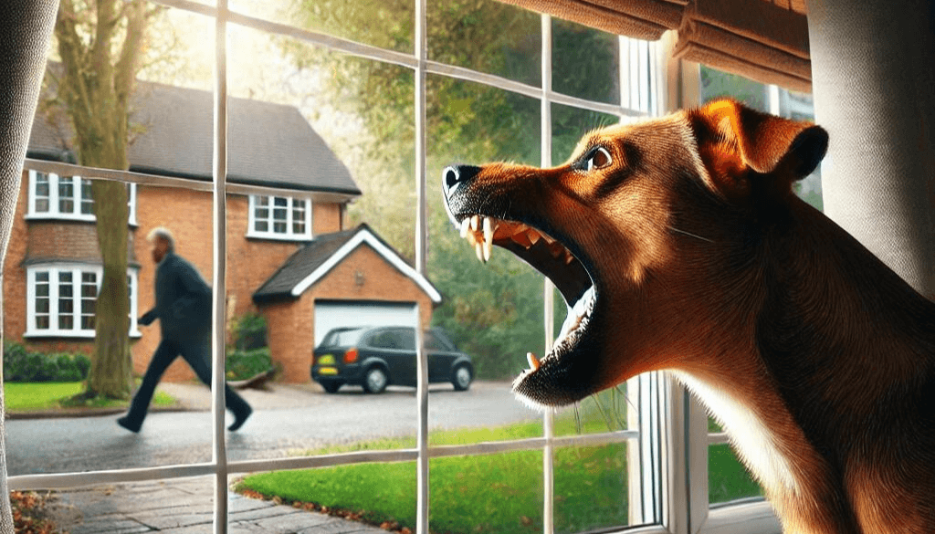 A dog barking loudly at a window,