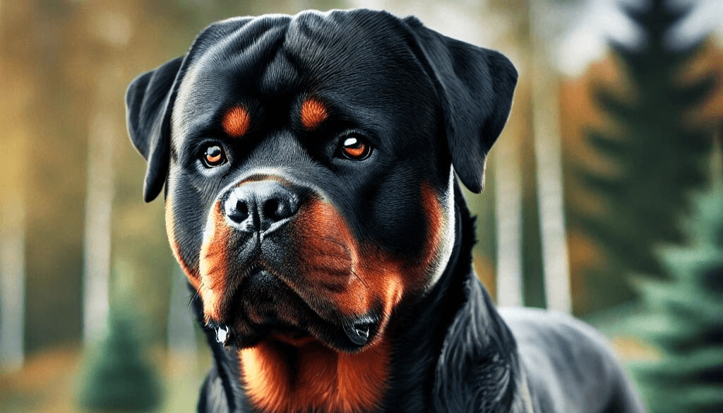 A powerful and muscular Rottweiler standing alert in an outdoor environment,