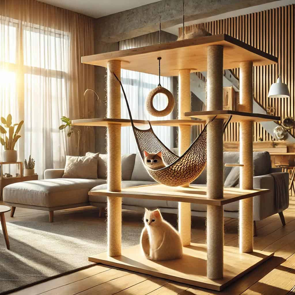The Modern Cat Tree 2024: Functional and Stylish for Your Cat 7 A cozy modern cat tree with multiple levels integ