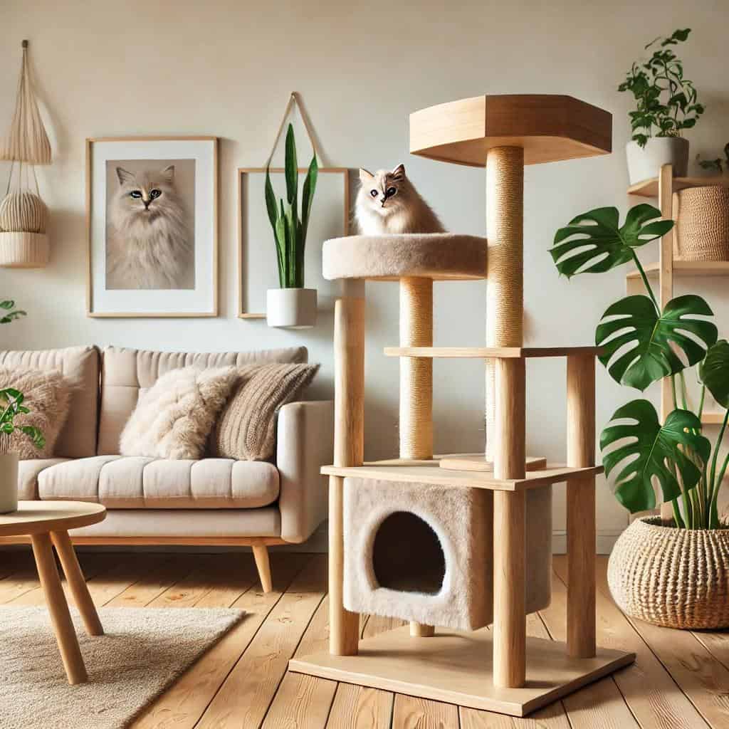 The Modern Cat Tree 2024: Functional and Stylish for Your Cat 4 A modern wood cat tree featuring natural wooden pl