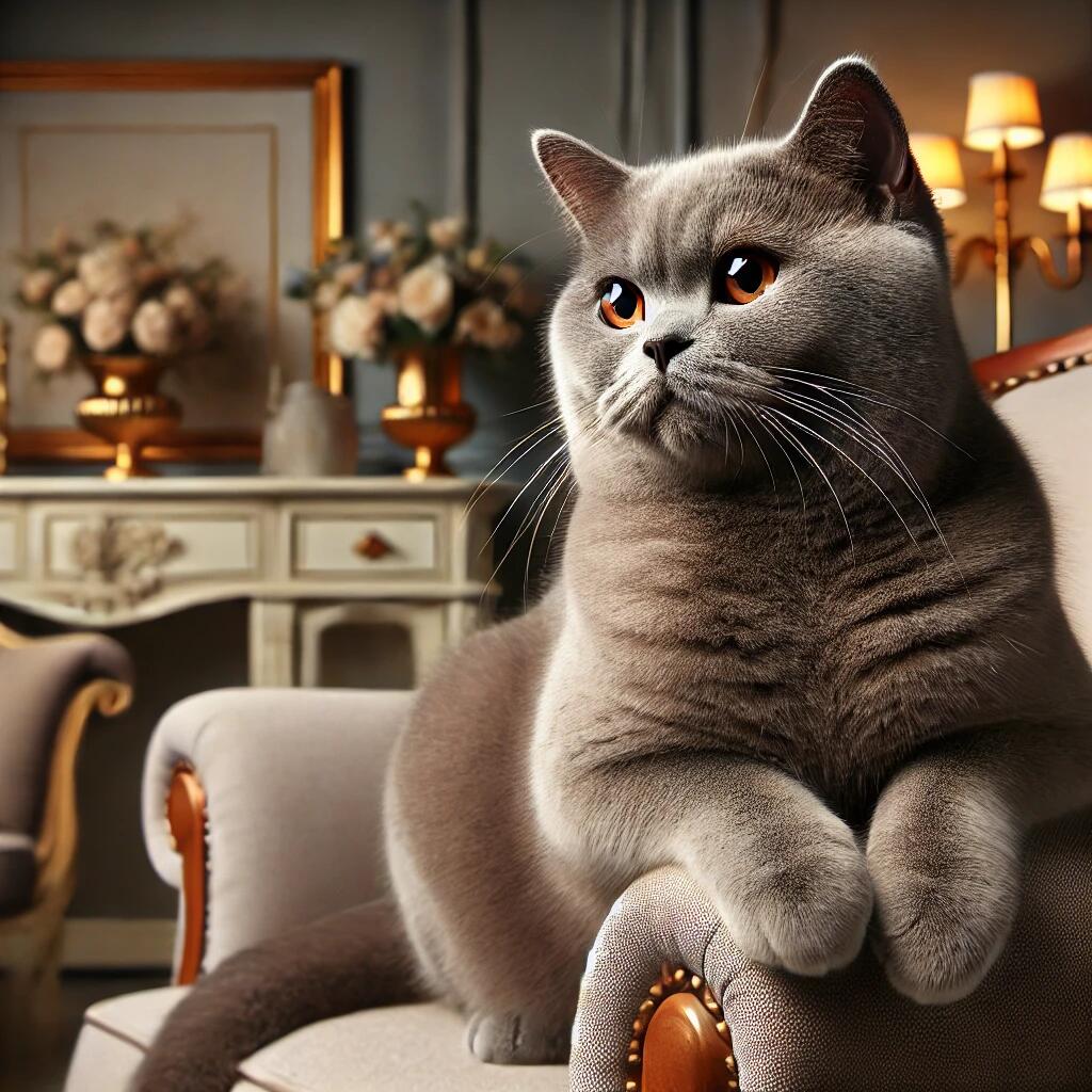 A regal Griselian British Shorthair cat with a stocky build and striking coat pattern