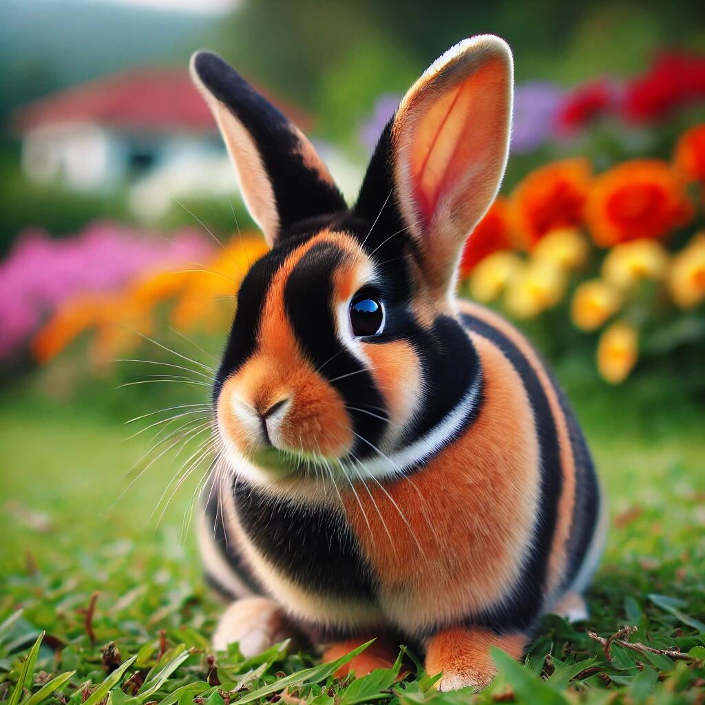 A Harlequin rabbit, medium-sized (6.5-9.5 pounds)