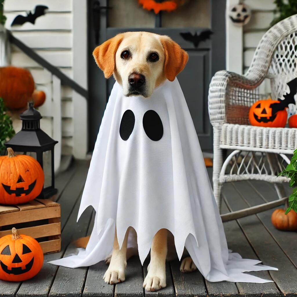 A dog dressed in a simple homemade ghost costume made from a white sheet with cutouts for the eyes and nose. The dog sits on a porch decorated