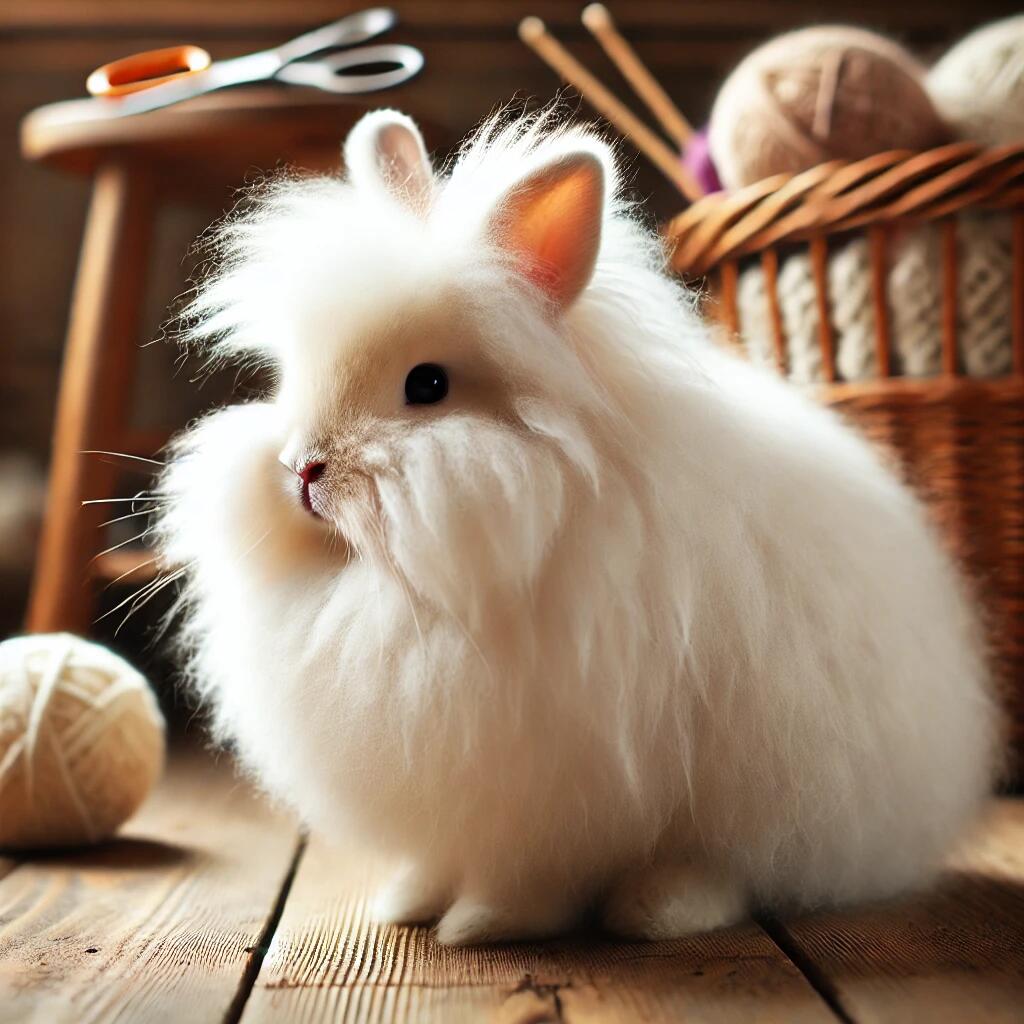 An English Angora rabbit, medium-sized (around 5-7 pounds)