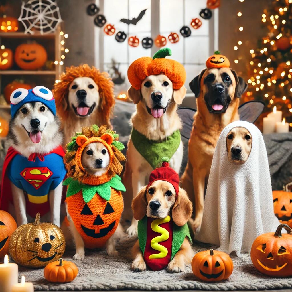 A group of dogs wearing a variety of homemade costumes, including a superhero, pumpkin, lion, ghost, and hot dog, all gathered in a cozy indoor settin