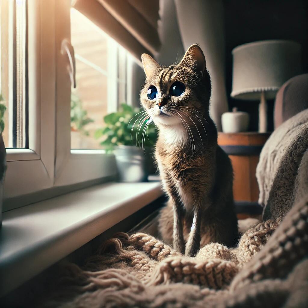  A special needs cat sitting near a window, gazing outside with wide-set eyes. The cat's body shows slight uncoordination in its posture.