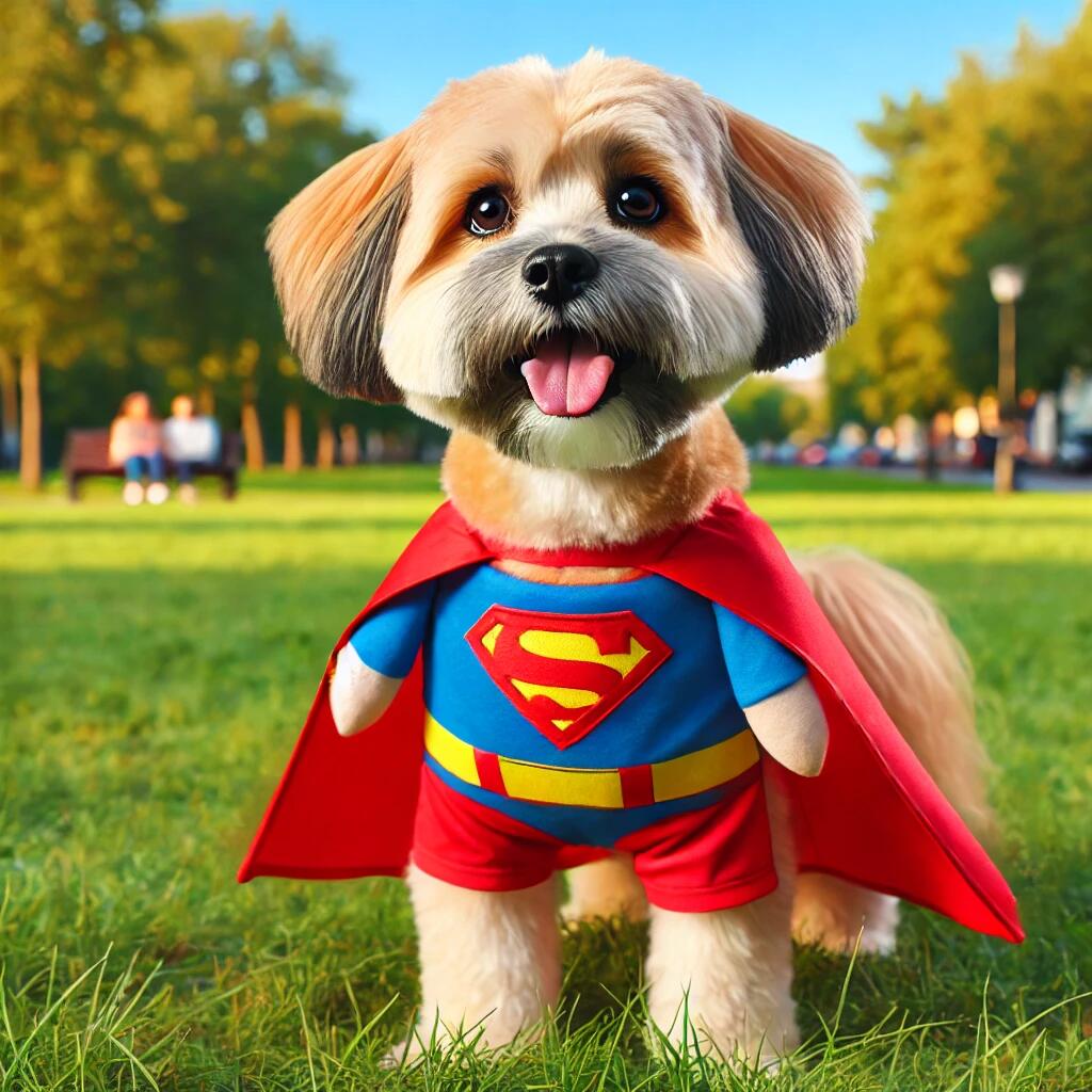A cute dog wearing a homemade superhero costume, featuring a red cape and a superhero emblem on its back. The dog stands confidently in a park 