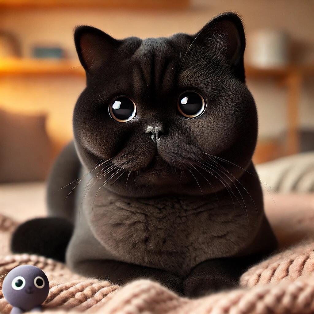 A unique-looking black cat with wide-set eyes and a flat nose sitting on a cozy soft blanket. The cat has a calm and affectionate expression