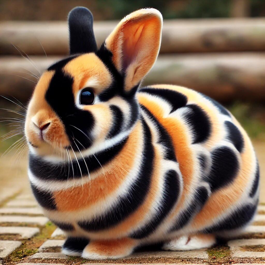 A detailed image of a Harlequin Rabbit with a unique coat pattern