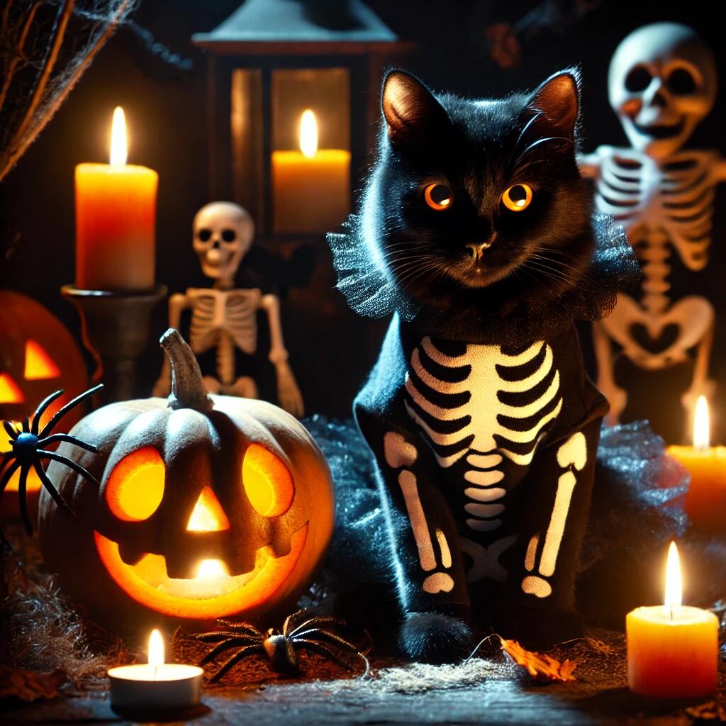 one of Halloween cats( A spooky black ) with glowing eyes dressed in a skeleton costume, sitting beside a carved jack-o-lantern
