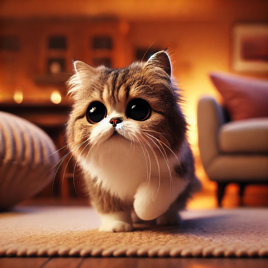 A cat with wide-set eyes and unique facial features, walking in a cozy home environment with a slight wobble. The cat is surrounded by soft cushions