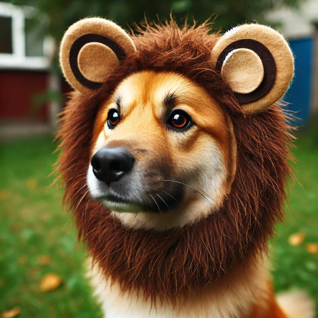 A dog wearing a homemade lion costume, featuring a fluffy brown mane and felt ears attached to an elastic band around its head.
