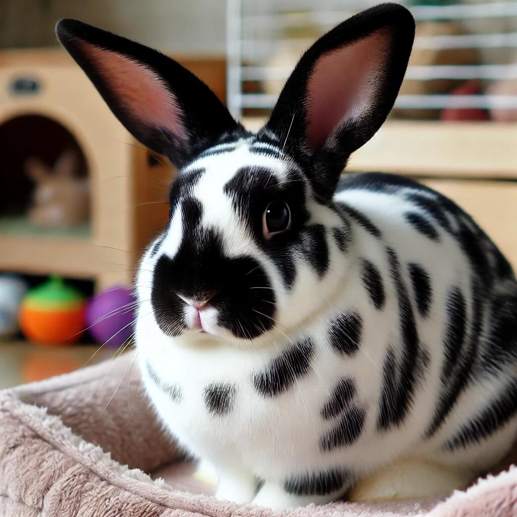  A detailed image of a Harlequin Rabbit with a Magpie pattern