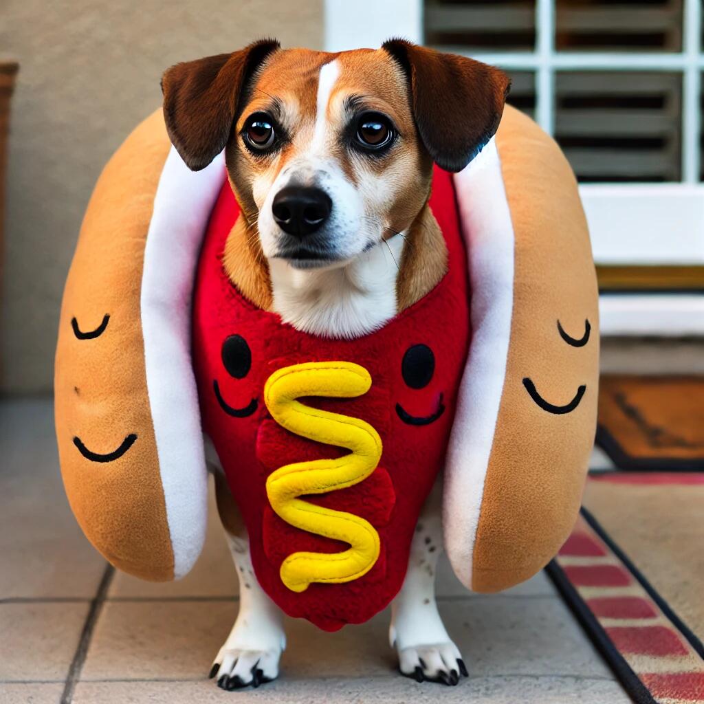 A dog dressed in a homemade hot dog costume, with brown felt buns on each side of its body and red and yellow fabric squiggles 