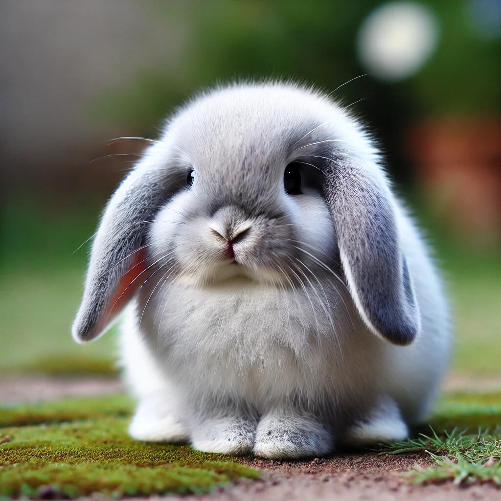 A Holland Lop rabbit breed sitting on a grassy surface.