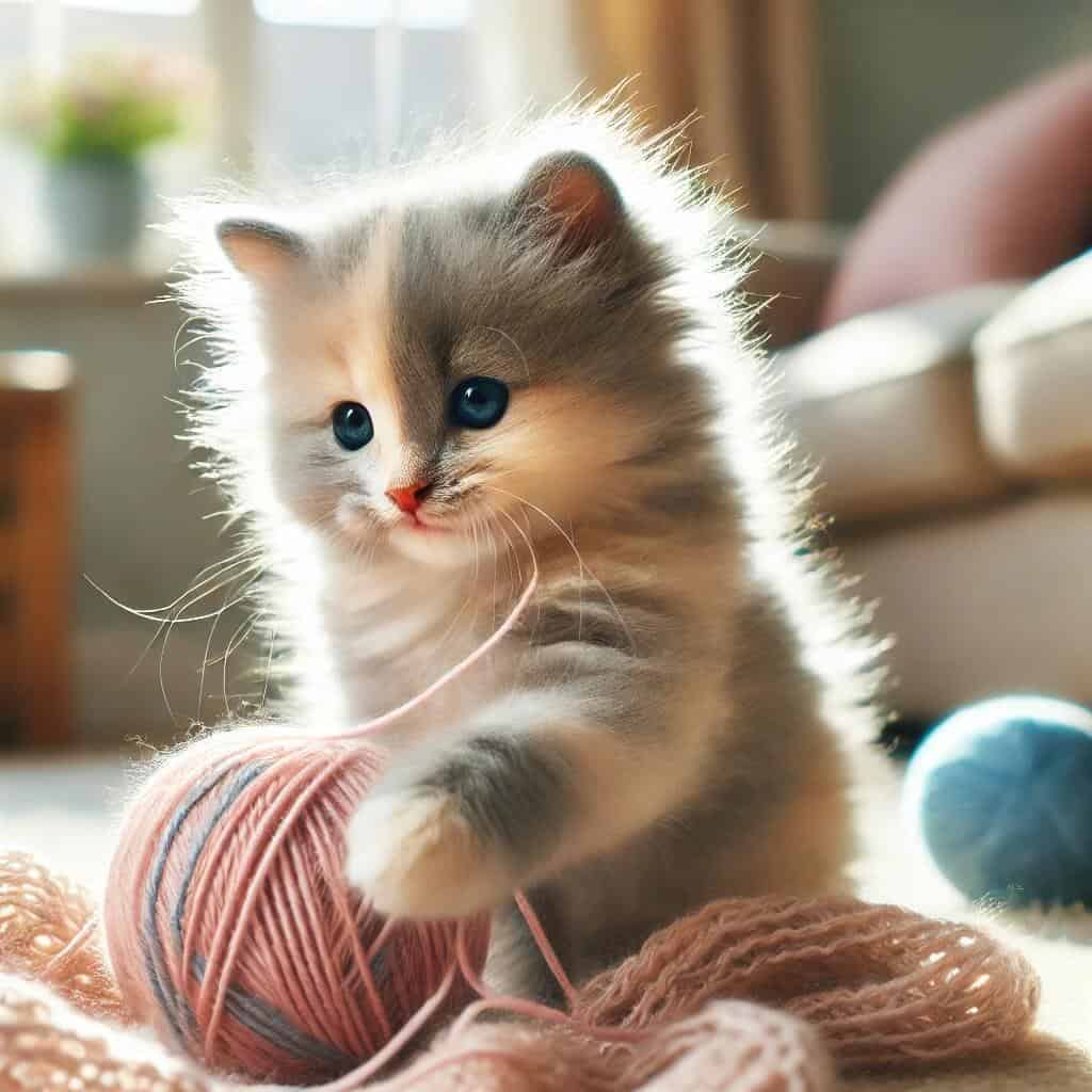Dilute Tortoiseshell Cats 4 A dilute tortoiseshell kitten playing with a ball of yarn in a living room. The kitten's fur shows pastel shades of gray, blue, and cream, with sunlig