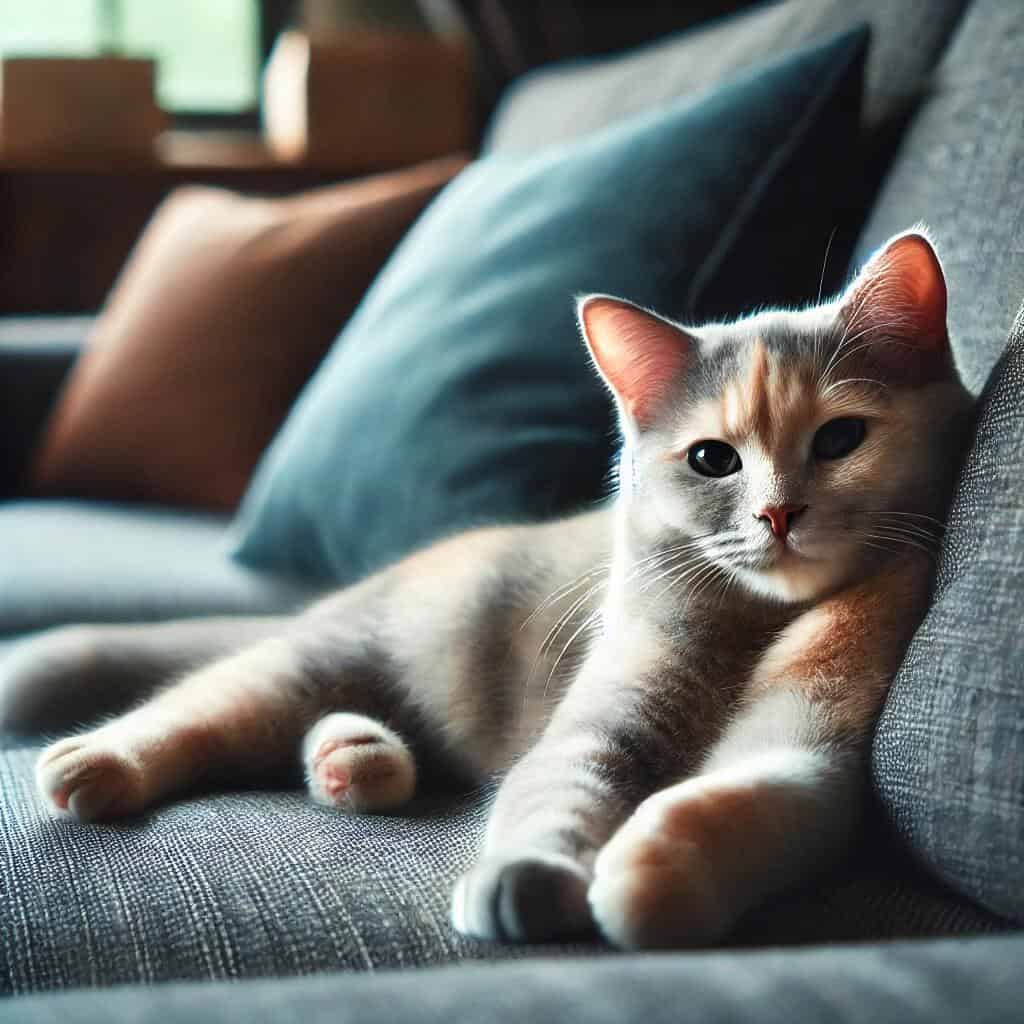 Dilute Tortoiseshell Cats 3 A dilute tortoiseshell cat lounging on a comfortable sofa, her pastel-colored fur contrasting with dark cushions. She appears relaxed