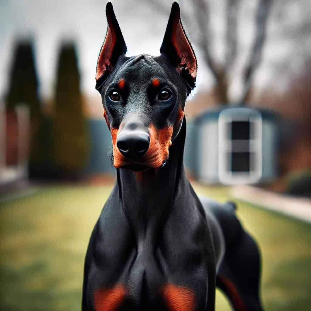 The Top 10 Scariest Dog Breeds: Unveiling the Most Fearsome Canines 3 A sleek and fast Doberman Pinscher standing guard in a yard, ears perked and body poised, ready to defend. The dog's lean, muscular frame and focused