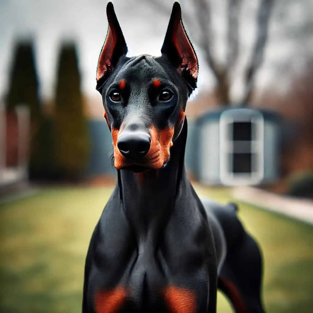 The Top 10 Scariest Dog Breeds: Unveiling the Most Fearsome Canines 3 A sleek and fast Doberman Pinscher standing guard in a yard, ears perked and body poised, ready to defend. The dog's lean, muscular frame and focused