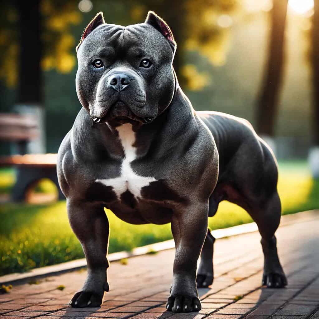 The Top 10 Scariest Dog Breeds: Unveiling the Most Fearsome Canines 4 A muscular and imposing Pit Bull Terrier standing confidently in a park, showing its strength and intimidating build.