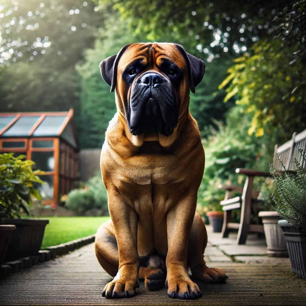 The Top 10 Scariest Dog Breeds: Unveiling the Most Fearsome Canines 5 A large and powerful Bullmastiff sitting calmly in a garden, showcasing its imposing size and strength, but with a calm and steady demeanor.