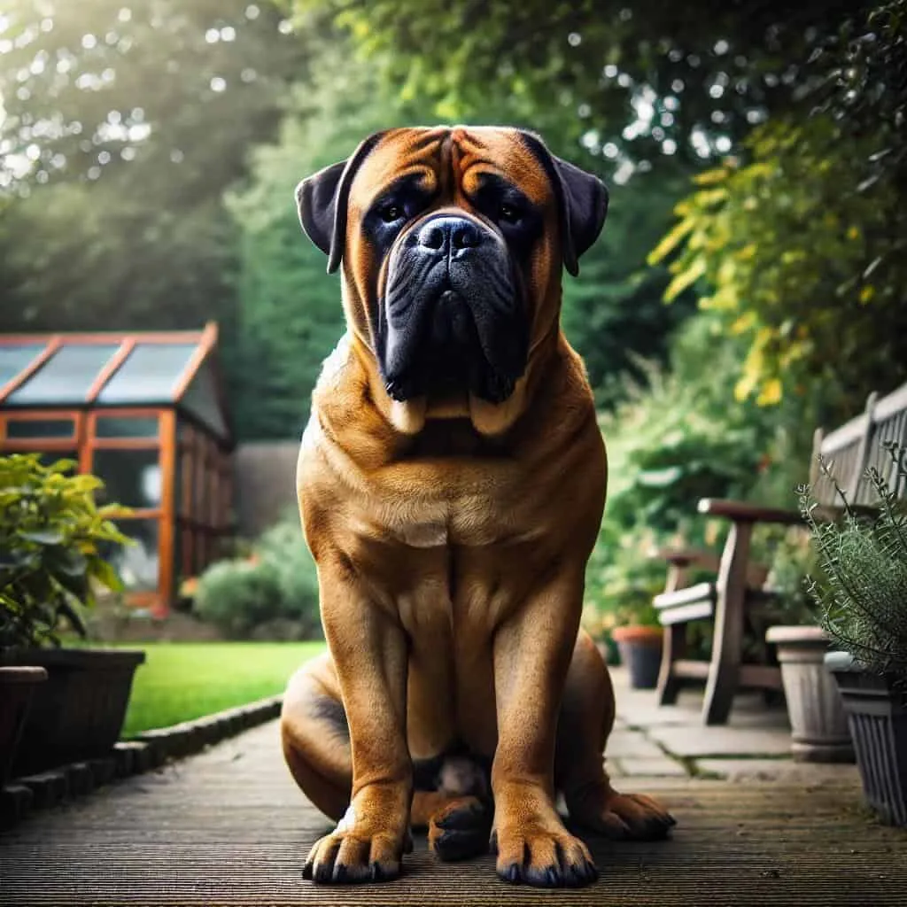 The Top 10 Scariest Dog Breeds: Unveiling the Most Fearsome Canines 5 A large and powerful Bullmastiff sitting calmly in a garden, showcasing its imposing size and strength, but with a calm and steady demeanor.