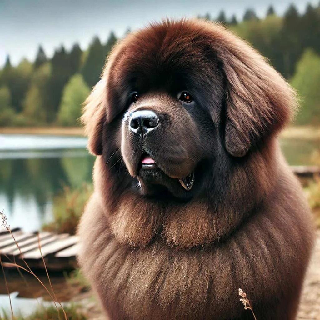 Big Fluffy Breeds of Dogs: Guide to Large, Furry Companions 2 A large fluffy Newfoundland dog standing by a lake, with its thick water-resistant coat visible. The dog has a gentle expression