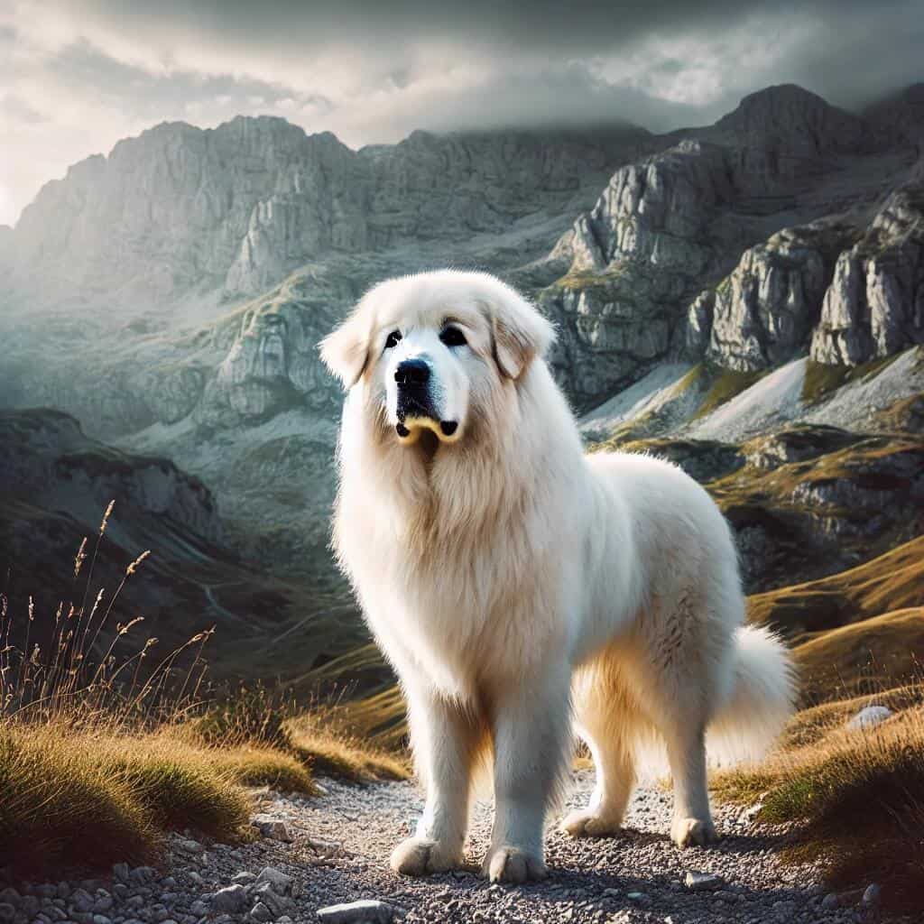 Big Fluffy Breeds of Dogs: Guide to Large, Furry Companions 3 A majestic Great Pyrenees dog standing on a mountain path, its thick white fur shining in the sunlight. The background includes rugged mountain