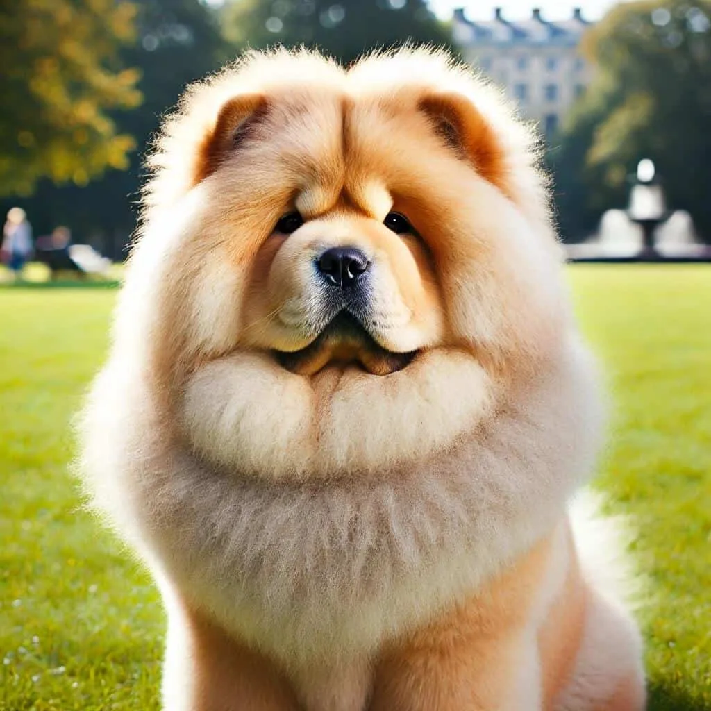 Big Fluffy Breeds of Dogs: Guide to Large, Furry Companions 4 A bear-like Chow Chow dog with a thick, fluffy coat and a lion-like mane around its neck, sitting in a park.