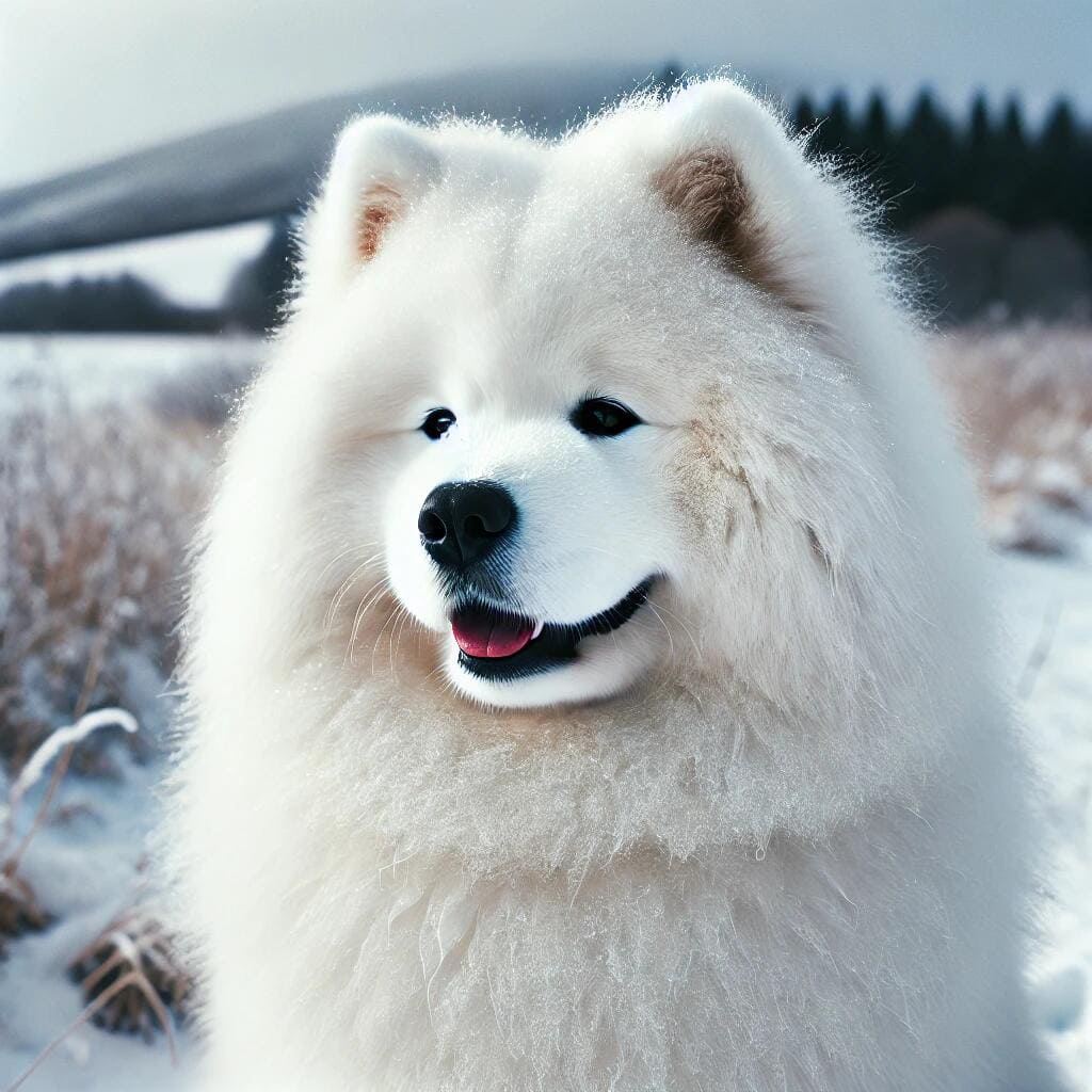 Big Fluffy Breeds of Dogs: Guide to Large, Furry Companions 5 A fluffy Samoyed dog sitting in a snowy field, its thick white fur glistening in the cold. The dog has a friendly, smiling expression
