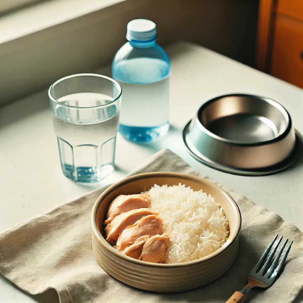How to Treat Dog Diarrhea: Quick Tips for Pet Owners 4 A simple and calming scene featuring a dog food bowl filled with boiled chicken and rice, placed on a clean surface. Nearby, there is a bowl of fresh
