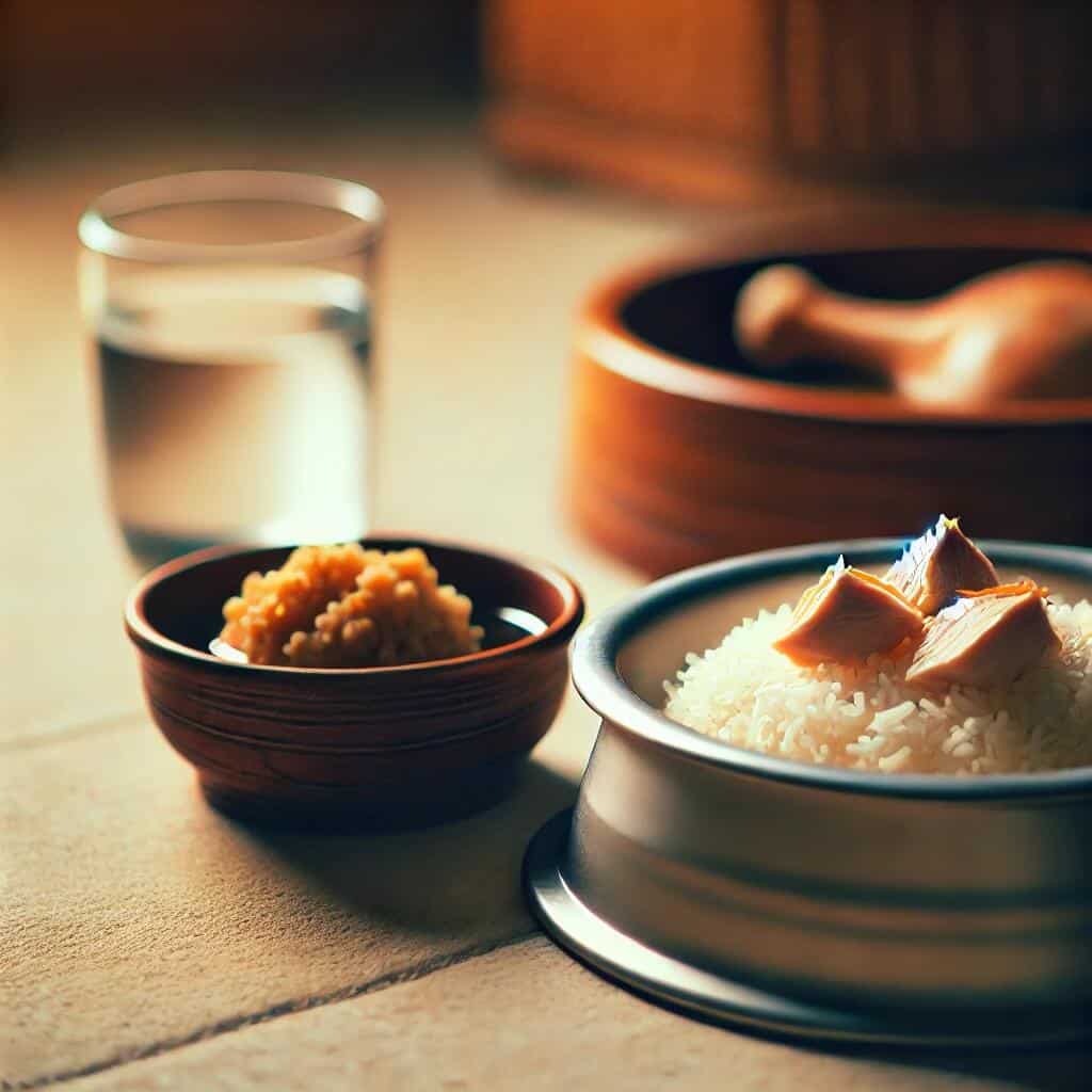 How to Treat Dog Diarrhea: Quick Tips for Pet Owners 3 A close-up scene of a dog food bowl filled with a bland diet of boiled chicken and rice, along with a fresh water bowl. The setting is warm and comfor