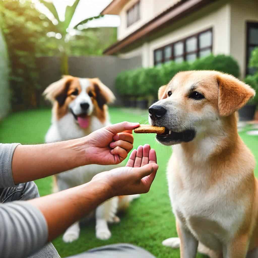 Stop Your Dog's Excessive Barking: Easy Tips 3 A dog owner training a dog using positive reinforcement methods in a calm outdoor environment. The owner holds a treat, rewarding the dog for calm