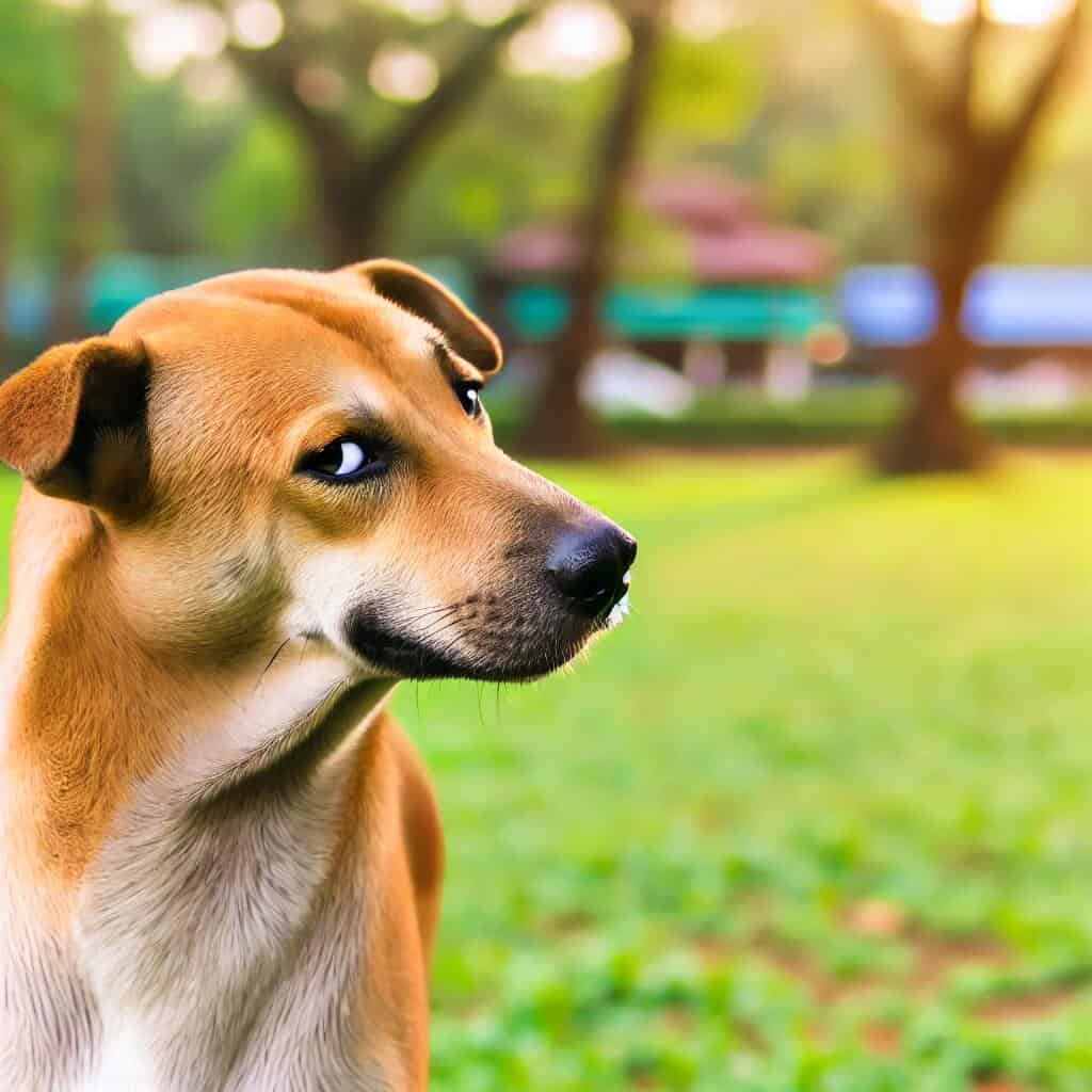 Dog Side Eye: What Your Pup's Glance Really Means 3 A dog giving a skeptical or judging side-eye glance, with its head slightly turned away from the viewer, in an outdoor setting.