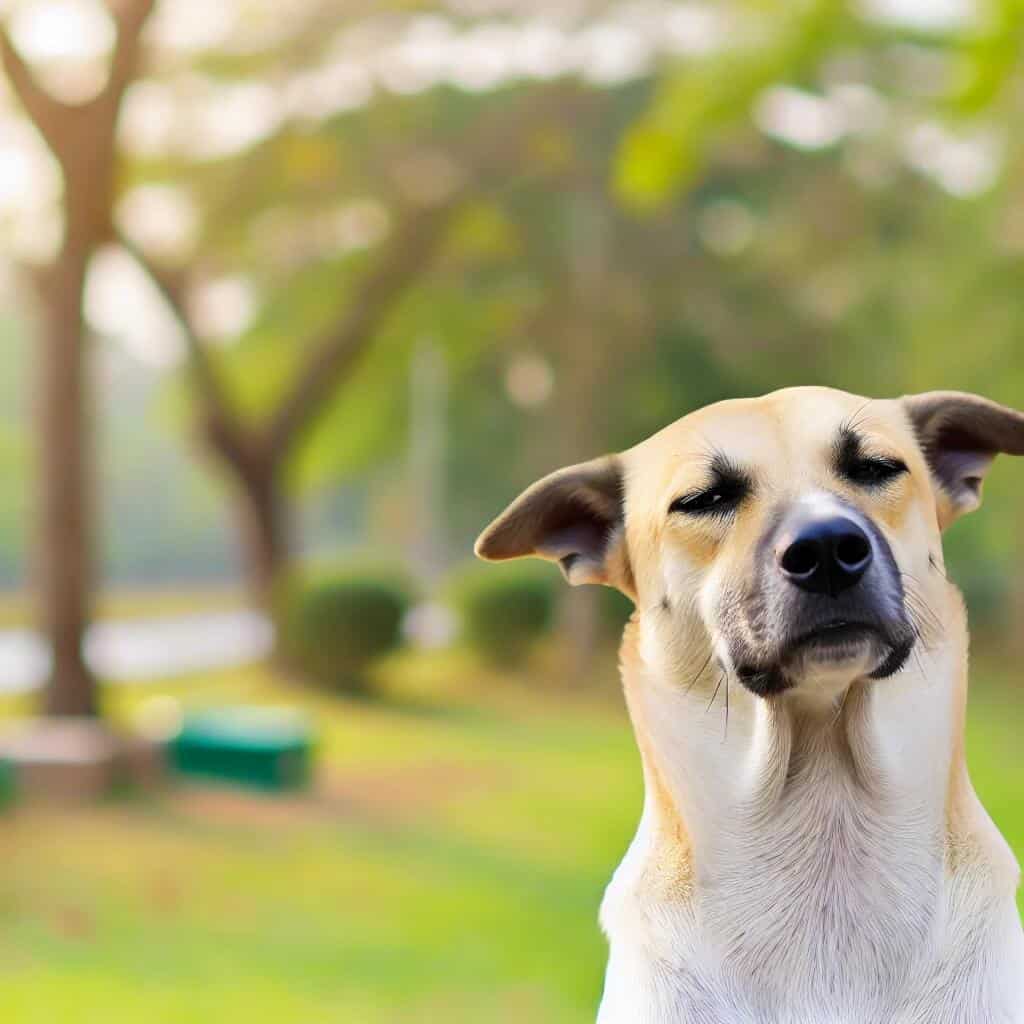 Dog Side Eye: What Your Pup's Glance Really Means 4 A dog giving a skeptical or judging side-eye glance, with its head slightly turned away from the viewer, in an outdoor setting.