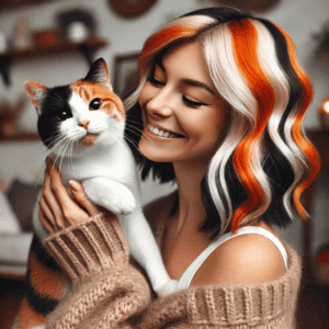 Joyful-Pet-Avatar, a woman with a calico cat