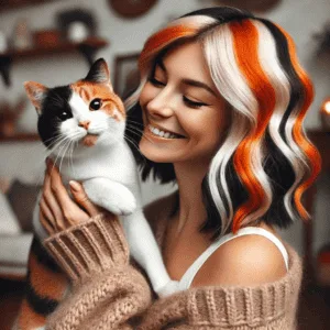 Joyful-Pet-Avatar, a woman with a calico cat